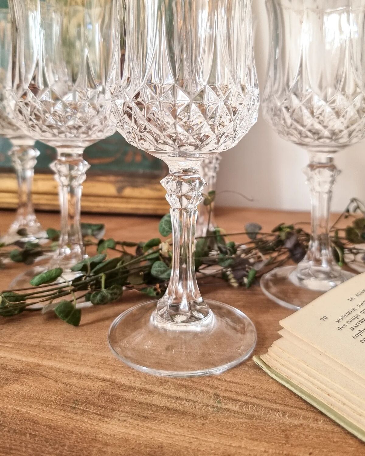 6 diamond-point stemmed glasses, Arques crystal, Longchamp