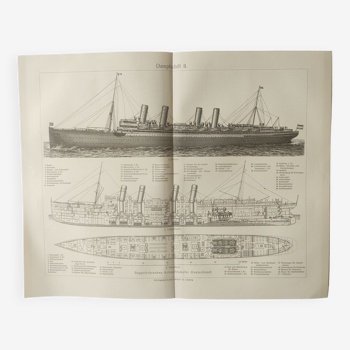 Gravure ancienne - Bateau à vapeur et Paquebot - illustration originale de 1909