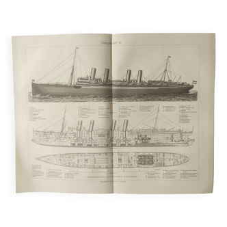 Gravure ancienne - Bateau à vapeur et Paquebot - illustration originale de 1909
