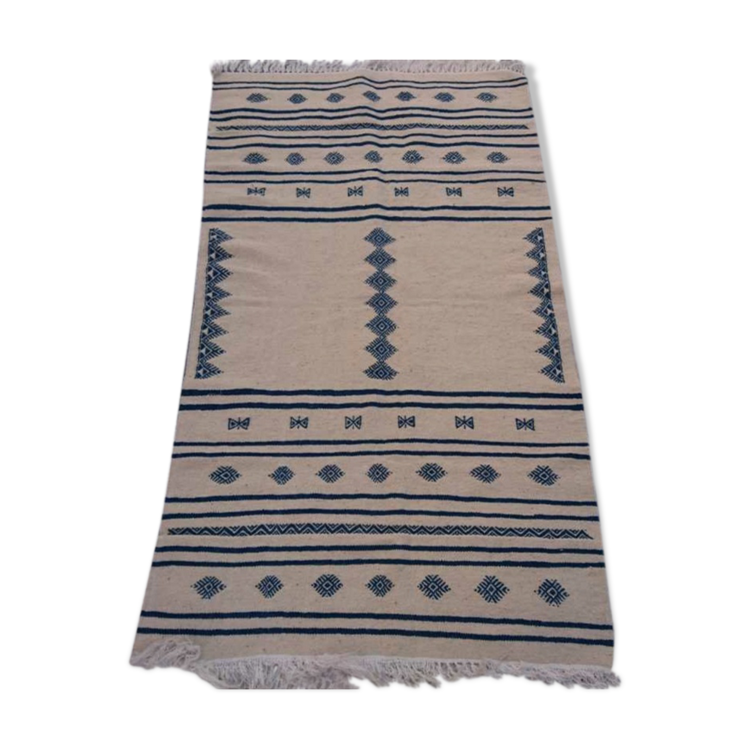 Carpet berber kilim beige and blue in pure wool 200x110cm
