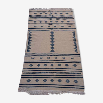 Tapis kilim berbère beige et bleu en pure laine 200x110cm