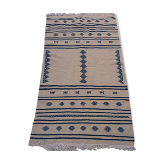 Tapis kilim berbère beige et bleu en pure laine 200x110cm