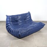 Canapé deux places Togo en cuir bleu de Michel Ducaroy pour Ligne Roset, France, années 1980