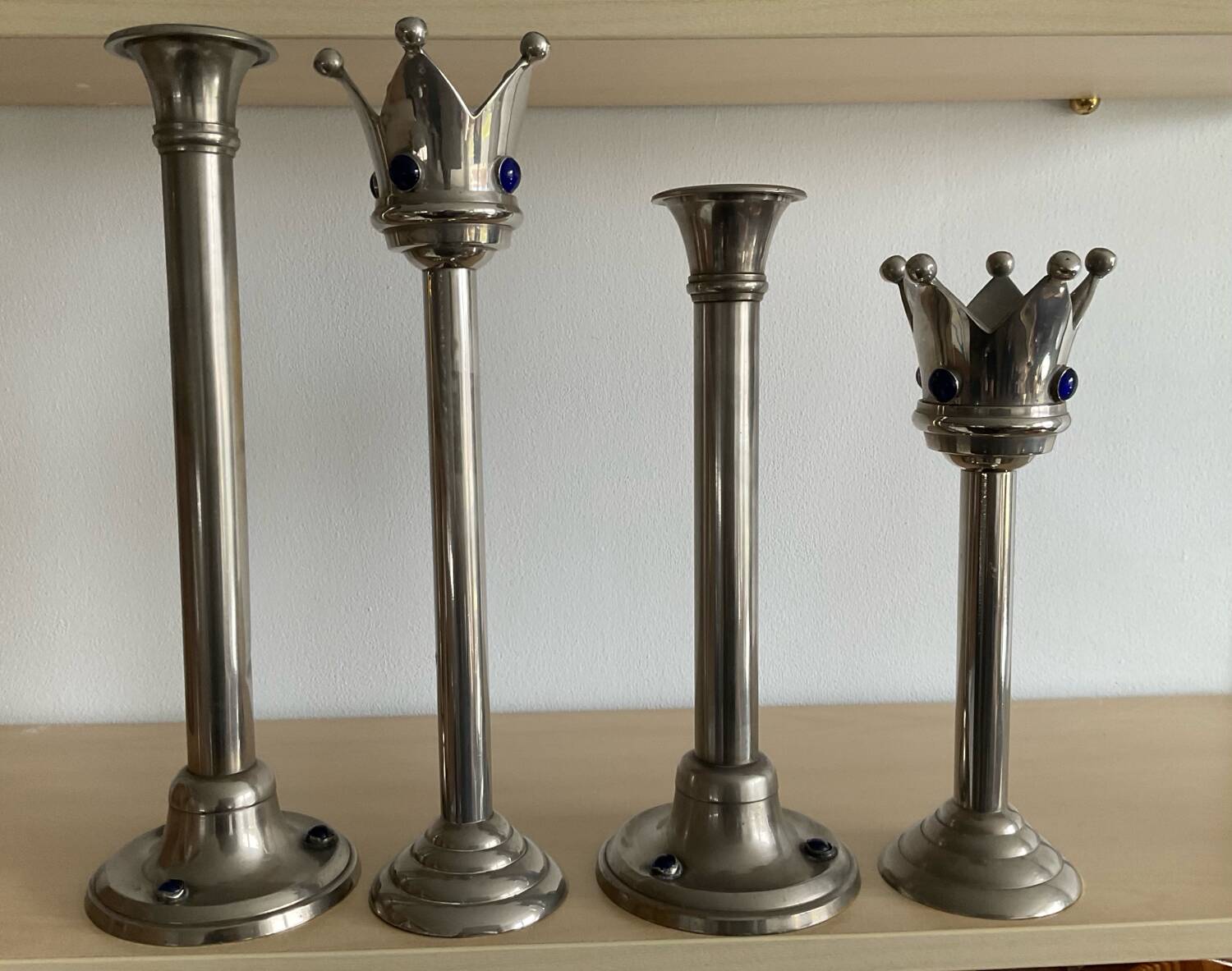 Set of 4 Art Deco candlesticks in silver-plated metal and lapis lazuli