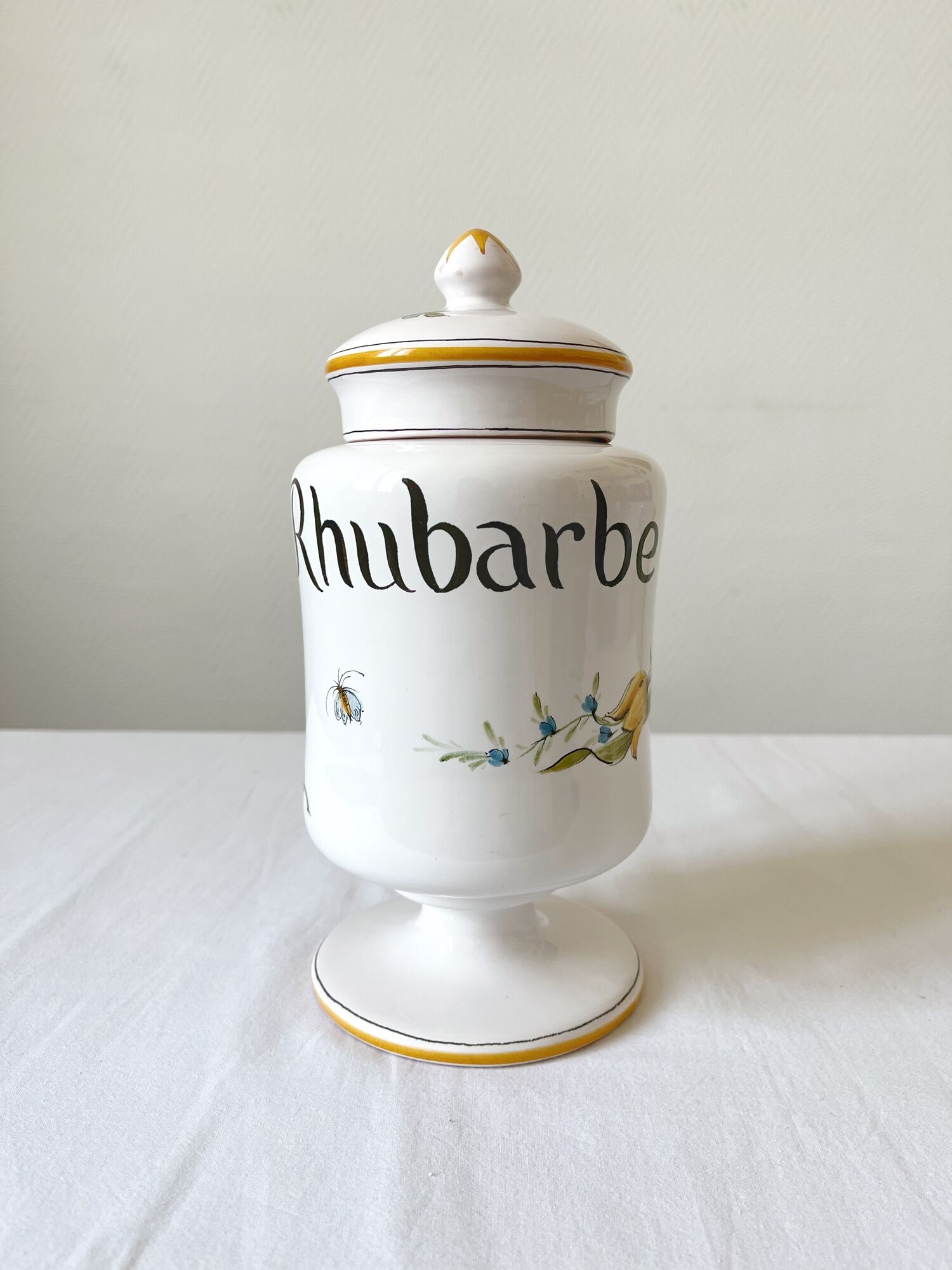 Apothecary pot Rhubarbe signed Lallier earthenware of art of Moustiers