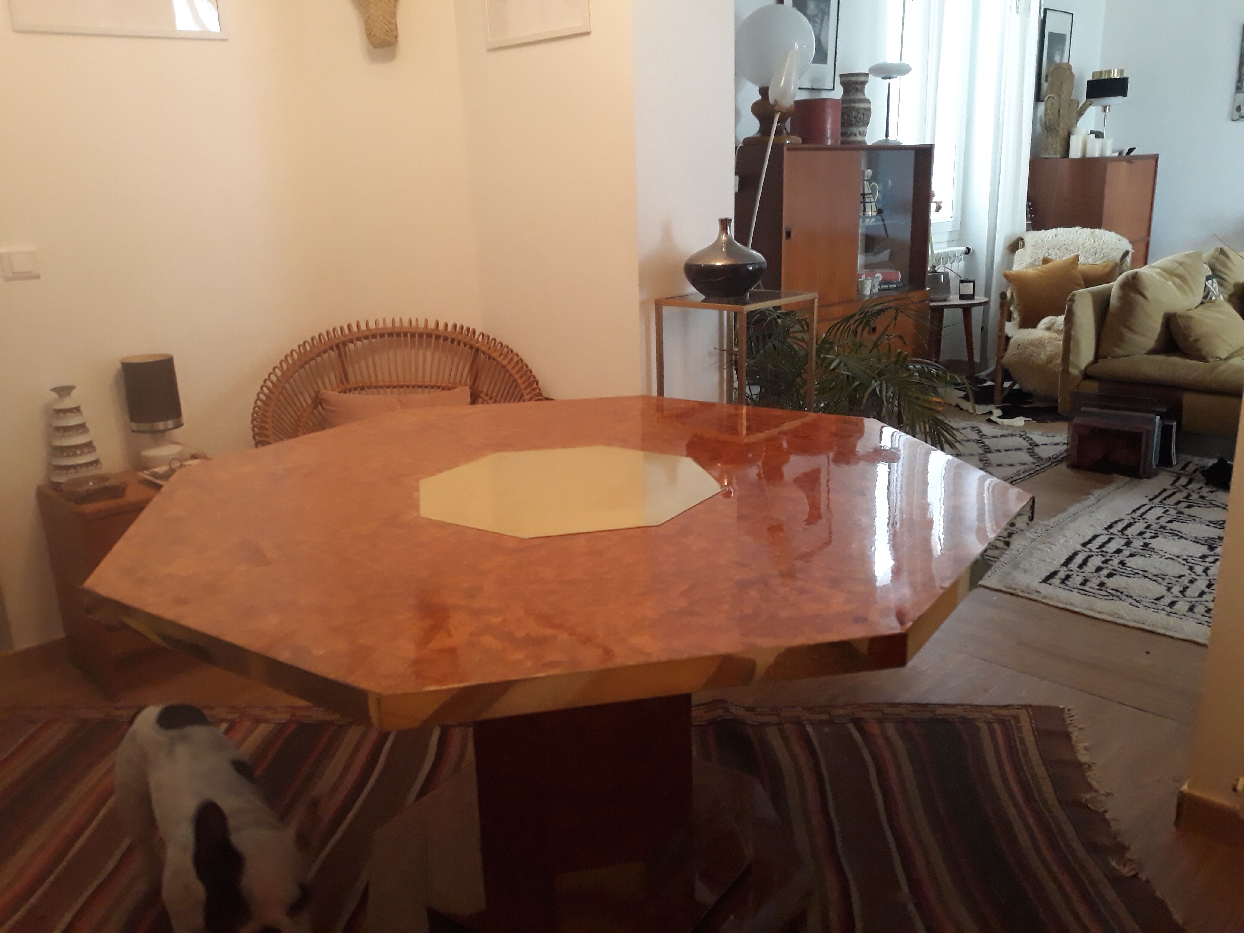 Jean Claude Mahey octagonal table magnifying glass and brass