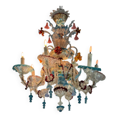 Lustre vénitien en verre de Murano multicolore, 6 bras de lumière vers 1900