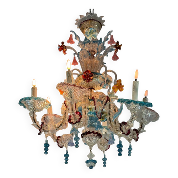 Lustre vénitien en verre de Murano multicolore, 6 bras de lumière vers 1900