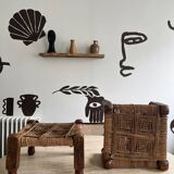 Stool in carved wood and rope from the 70s