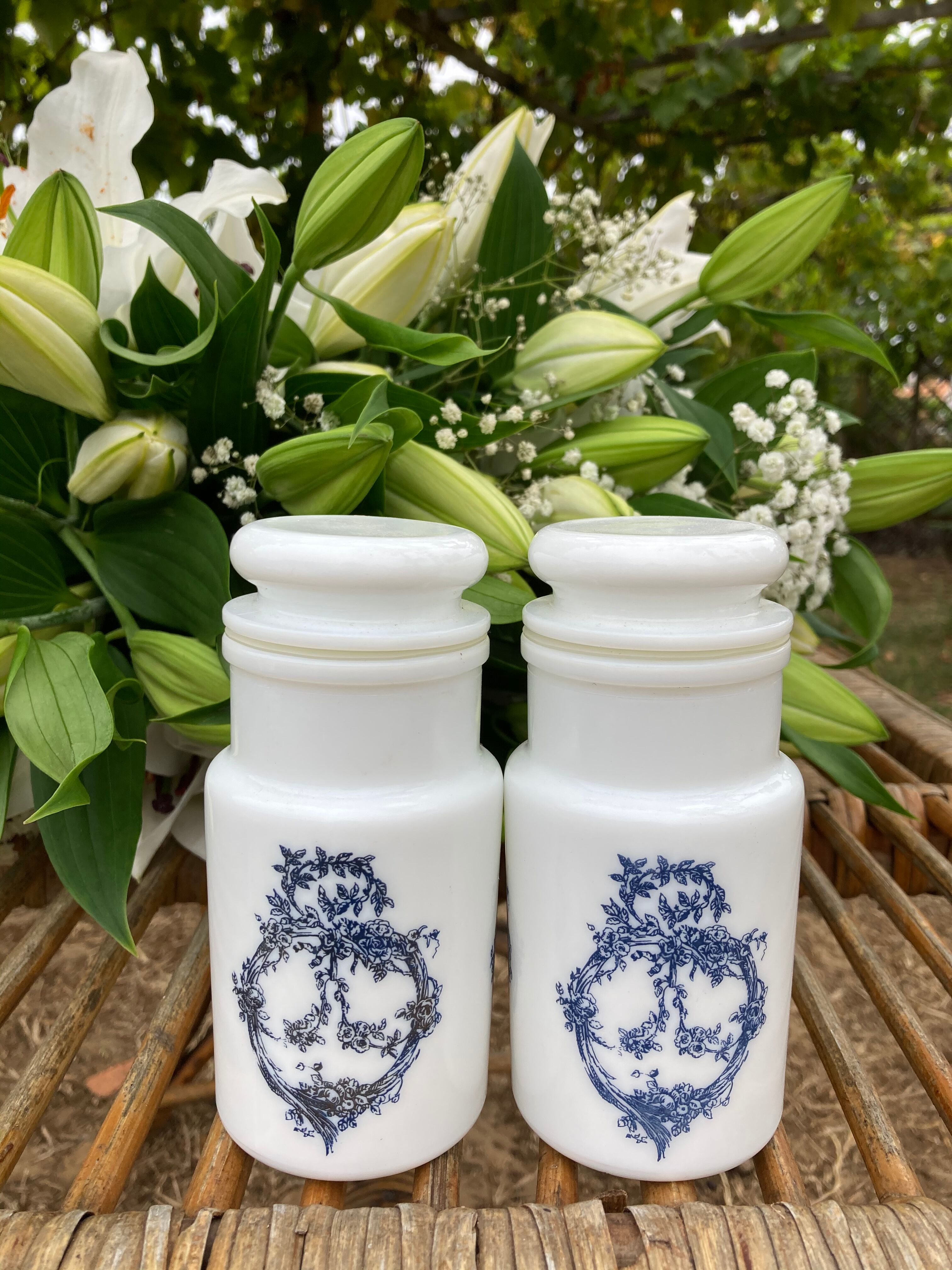 Vintage opaline apothecary pots