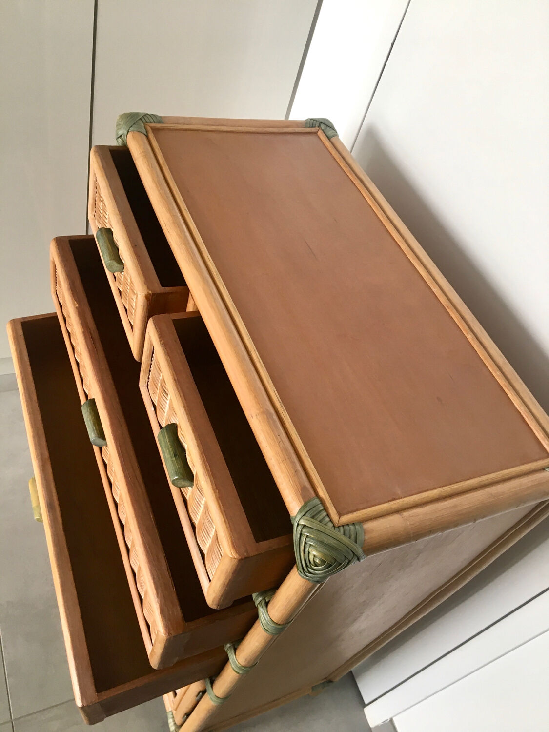 Vintage natural rattan chest of drawers 80s