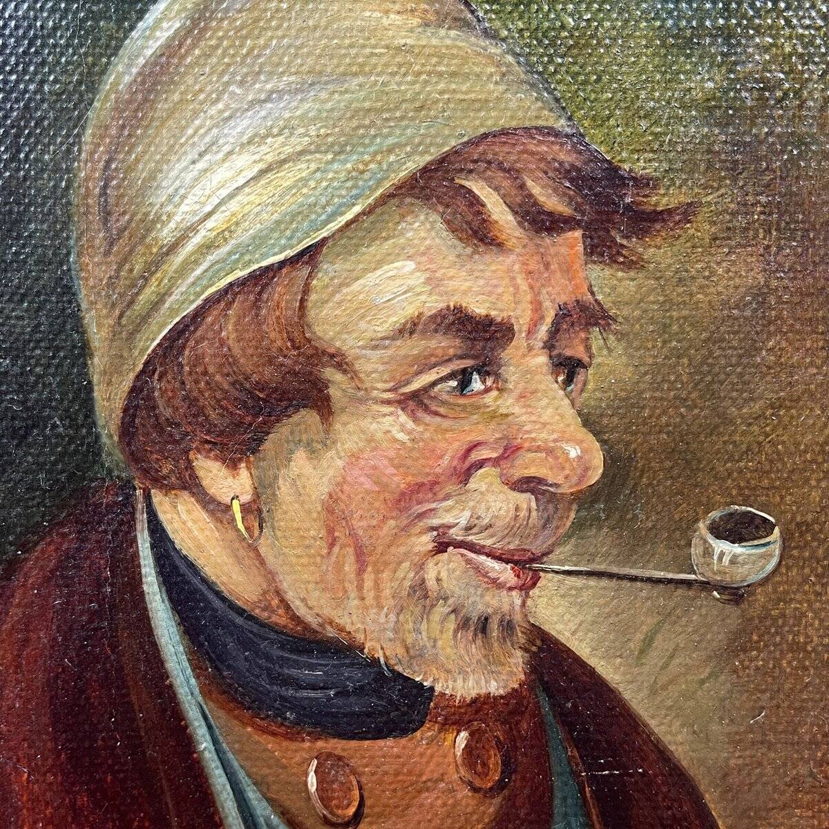 G. Schill, Portrait of a man in a nightcap with a pipe, 1930s, oil on canvas, framed