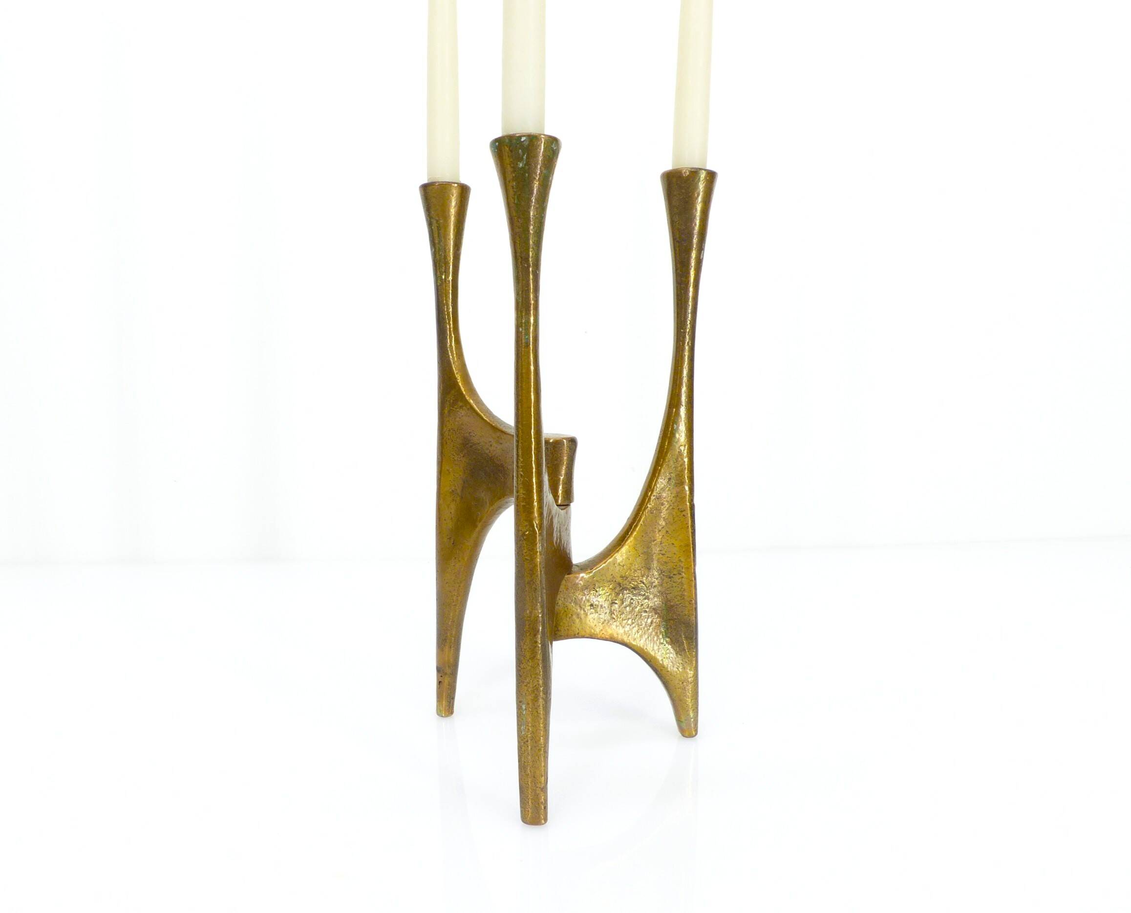 Brutalist tripod chandelier in bronze, Michael Harjes, Germany, 1960.