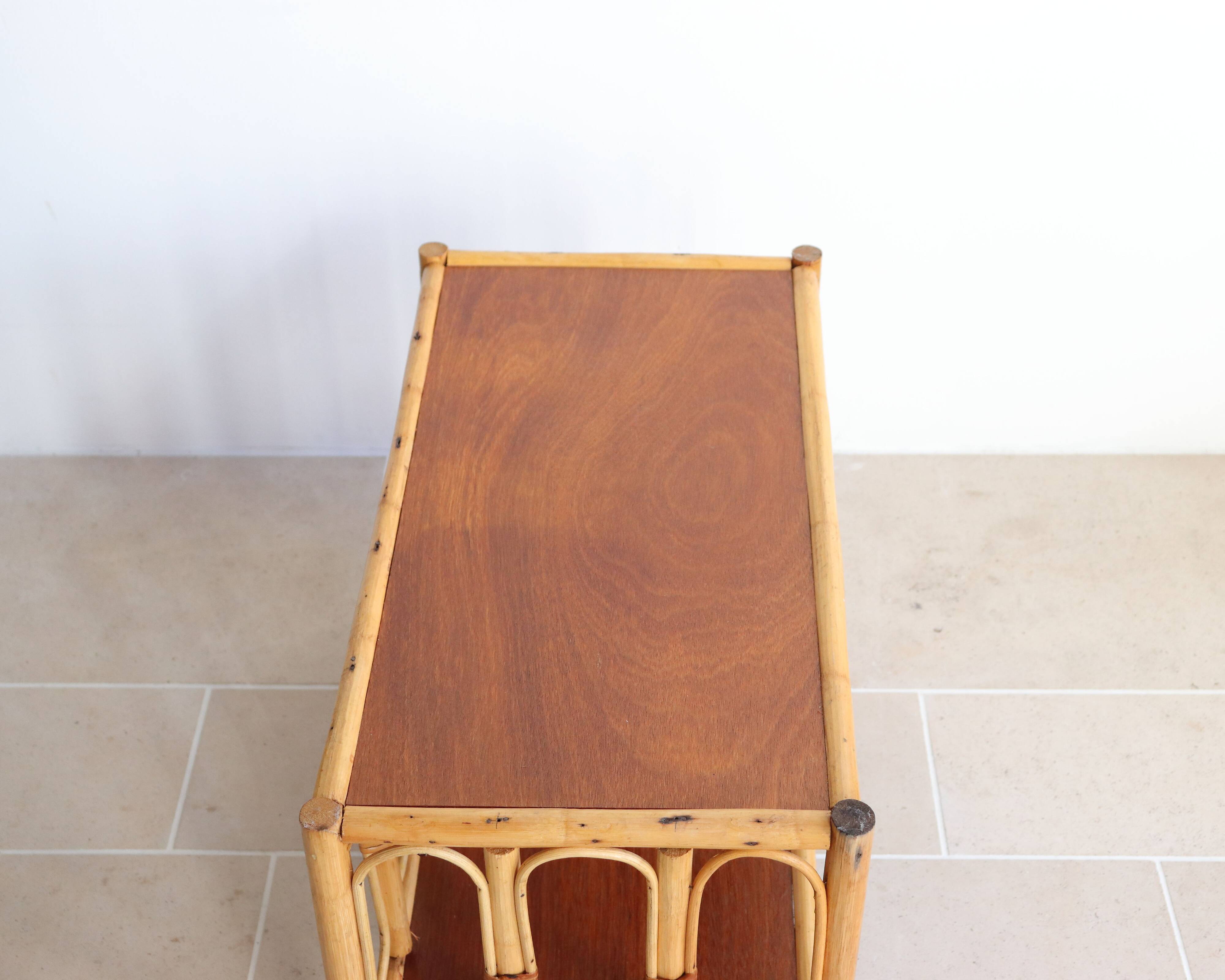 Vintage rectangular side coffee table in wood and rattan with magazine rack