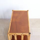 Vintage rectangular side coffee table in wood and rattan with magazine rack