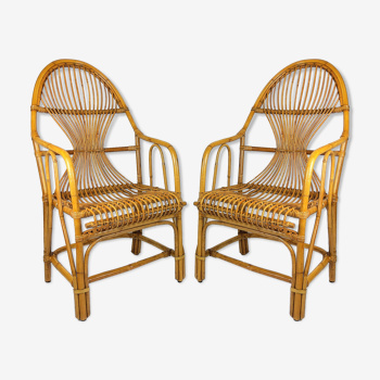 2 fauteuils vintage bambou rotin 1960