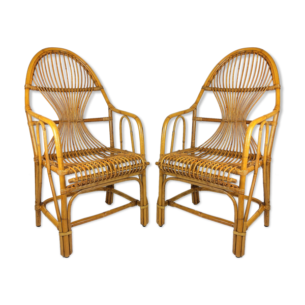 2 fauteuils vintage bambou rotin 1960