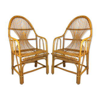 2 fauteuils vintage bambou rotin 1960