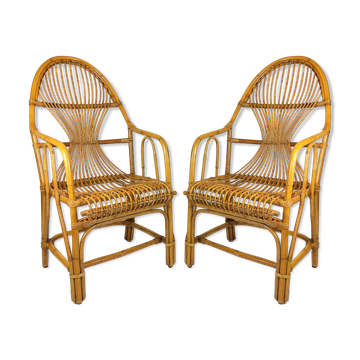 2 fauteuils vintage bambou rotin 1960