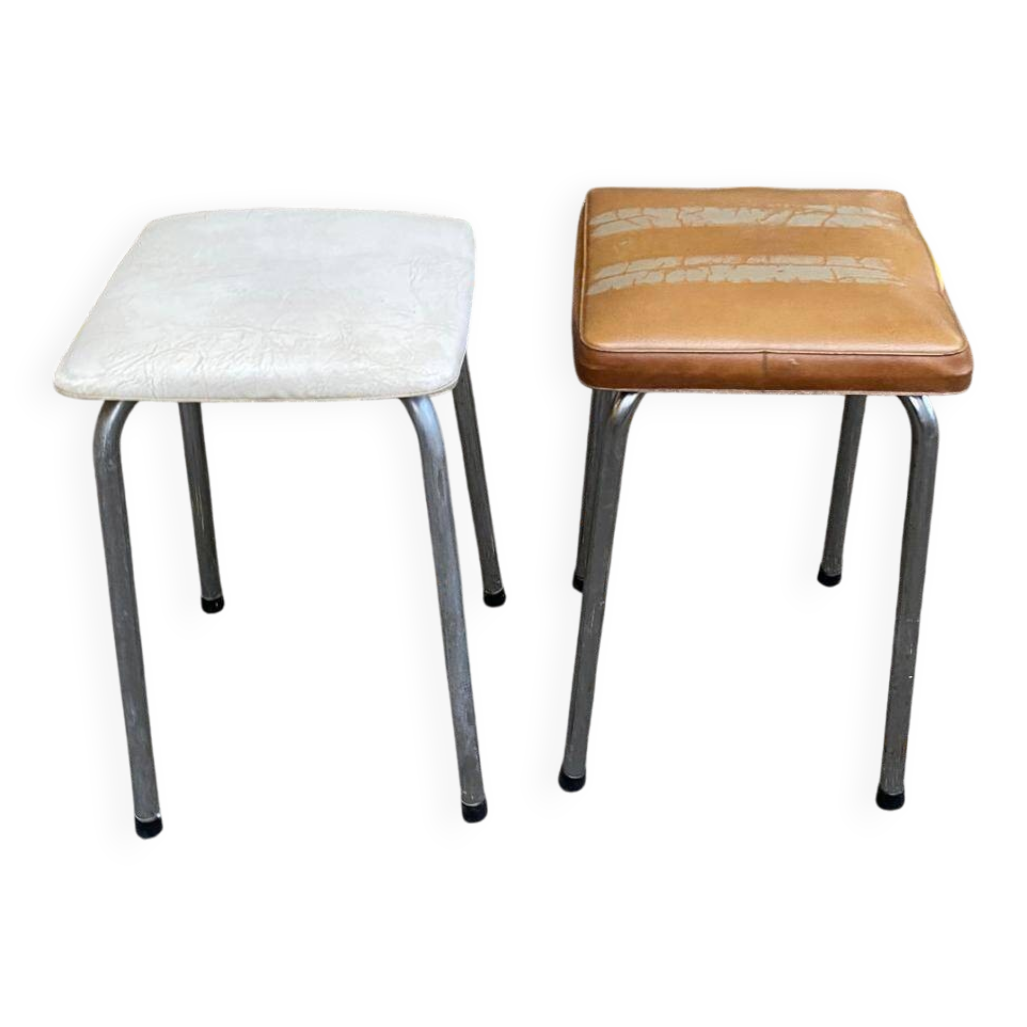 2 tabourets acier et cuir blanc et marron