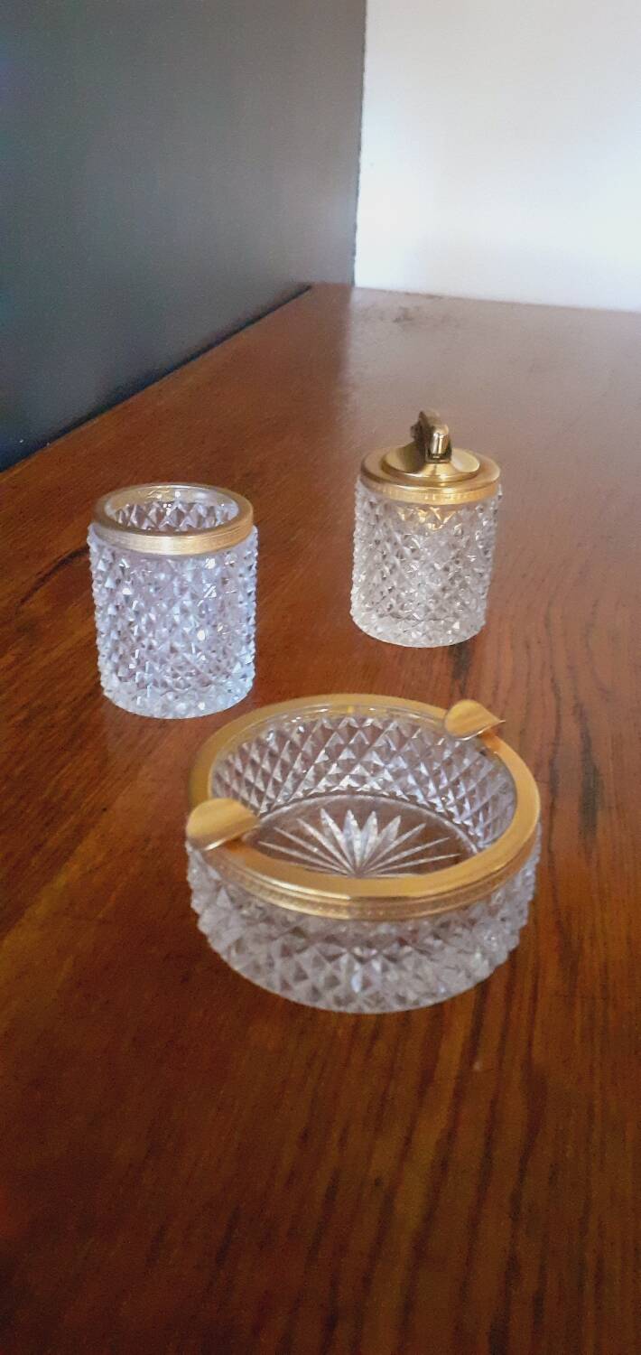 1950s Baccarat crystal and gold-plated metal smoker's kit