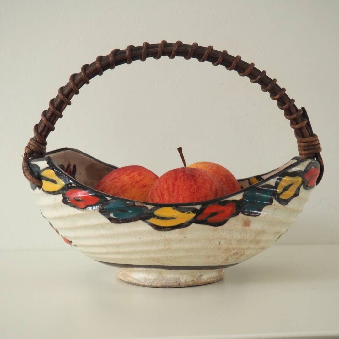 Vintage Artisan Japanese Ceramic Bowl With Woven Handle