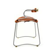 Table height stool with a backrest in aged silver metal and natural tan leather.