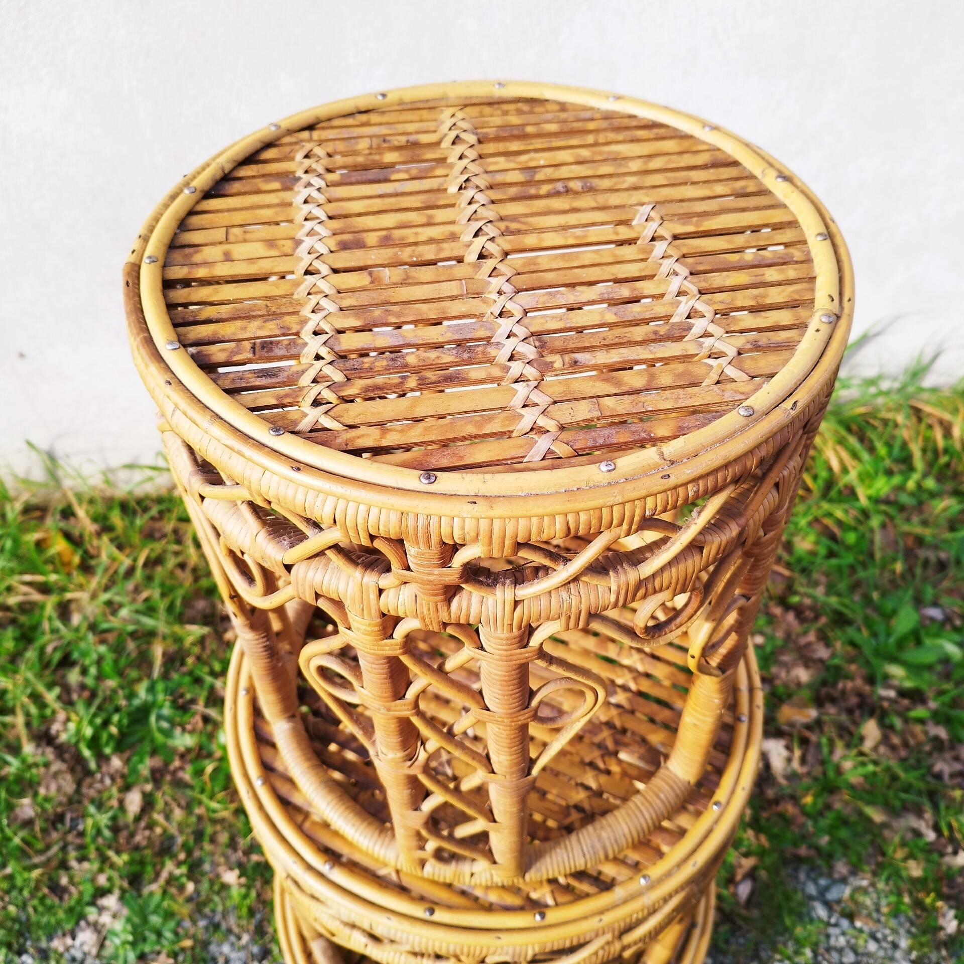 Vintage peacock rattan wicker nesting side tables