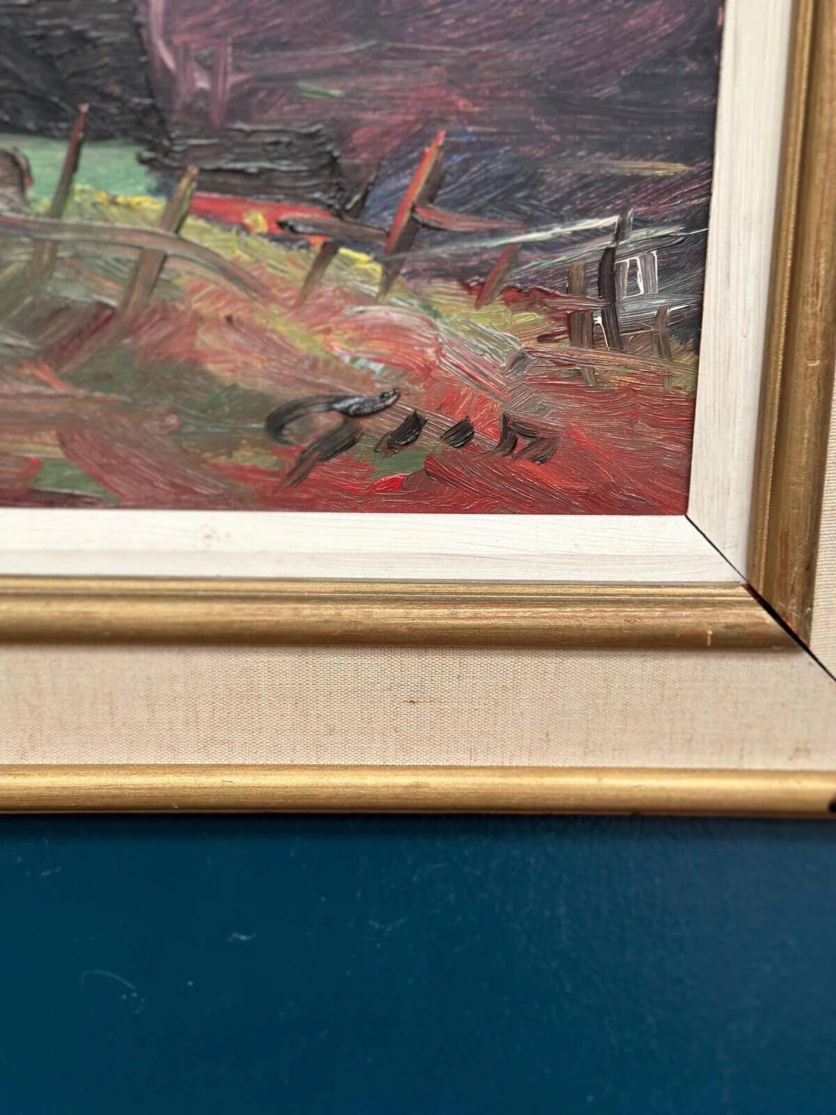 Original Swedish Oil on Panel – “Huts” – Vintage & Framed – 77 × 41 cm