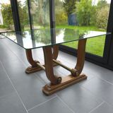 Table basse Art déco en verre, bois et laiton