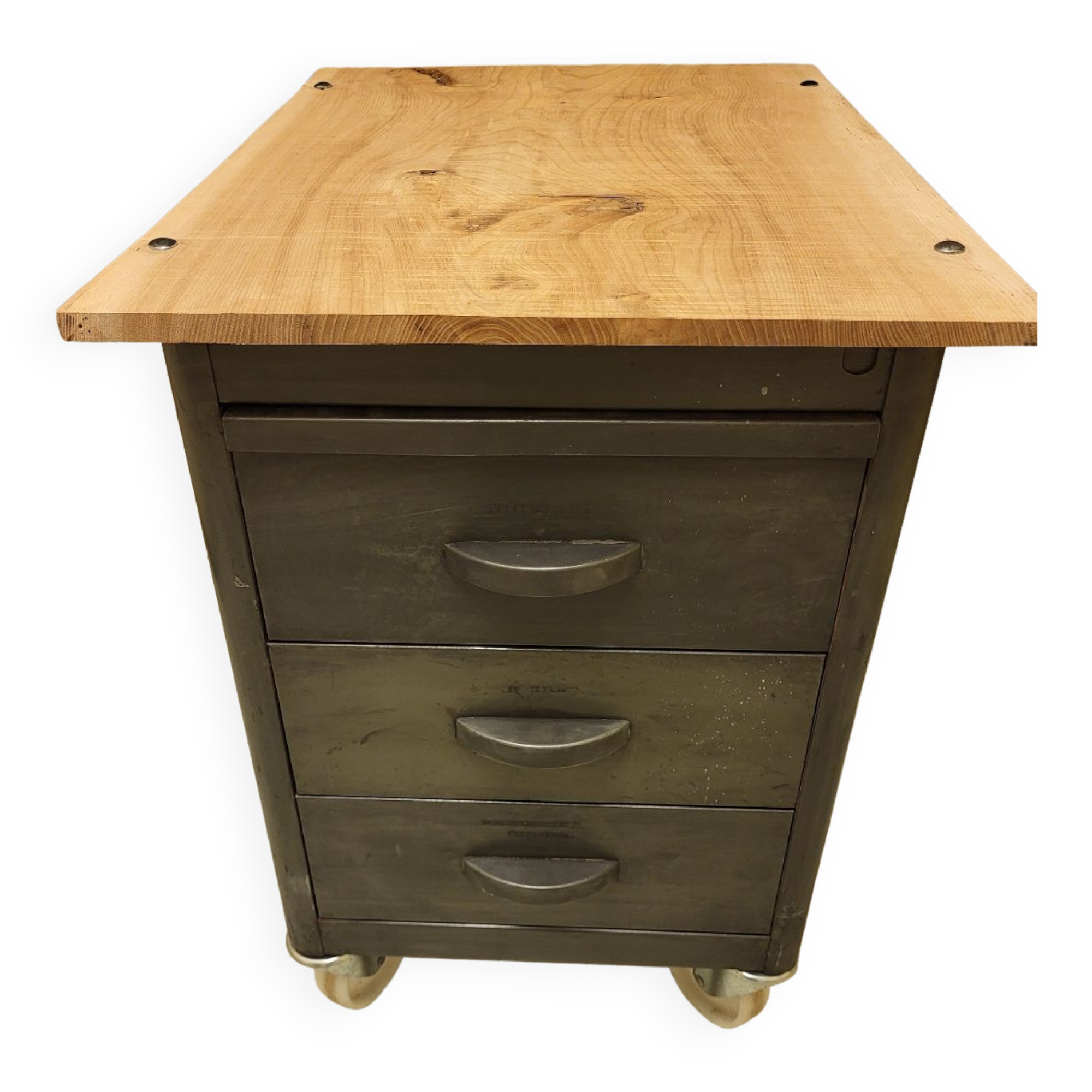 Wood and waxed metal furniture on casters