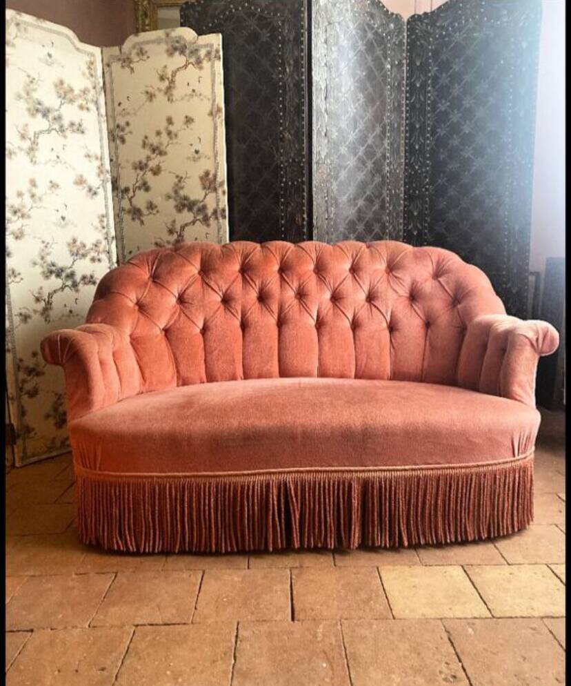Old pink velvet upholstered toad sofa
