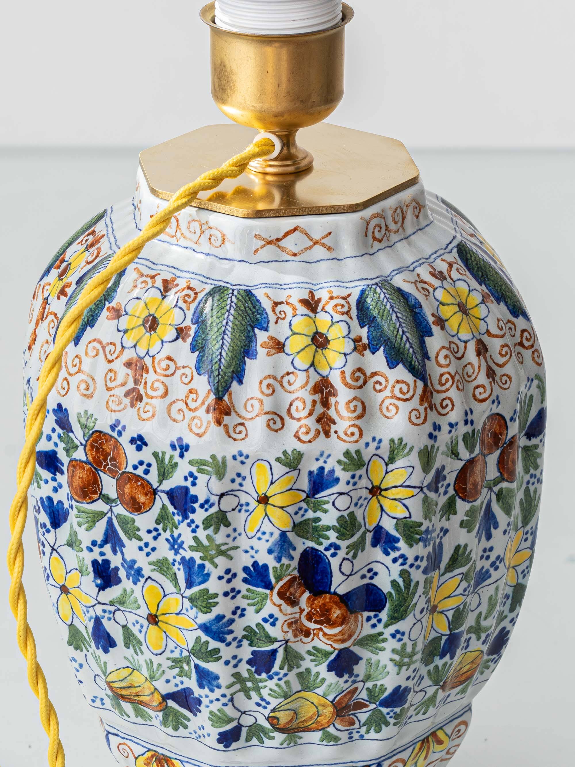 Polychrome Dutch Delft Table Lamp, Tichelaar Makkum, with New Loose Pleat Silk Shade