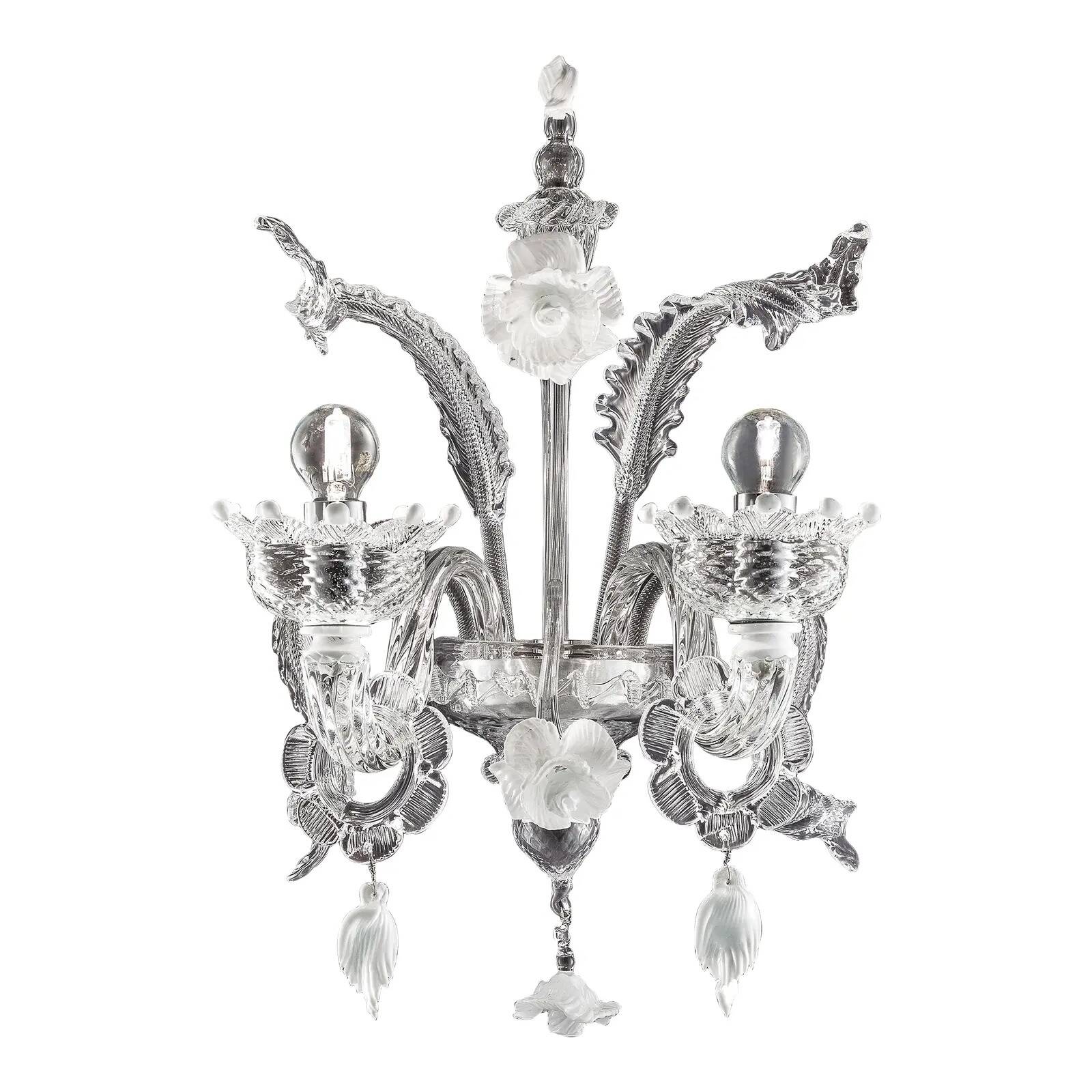 Venetian White and Transparent Floral Murano Glass Wall Sconce