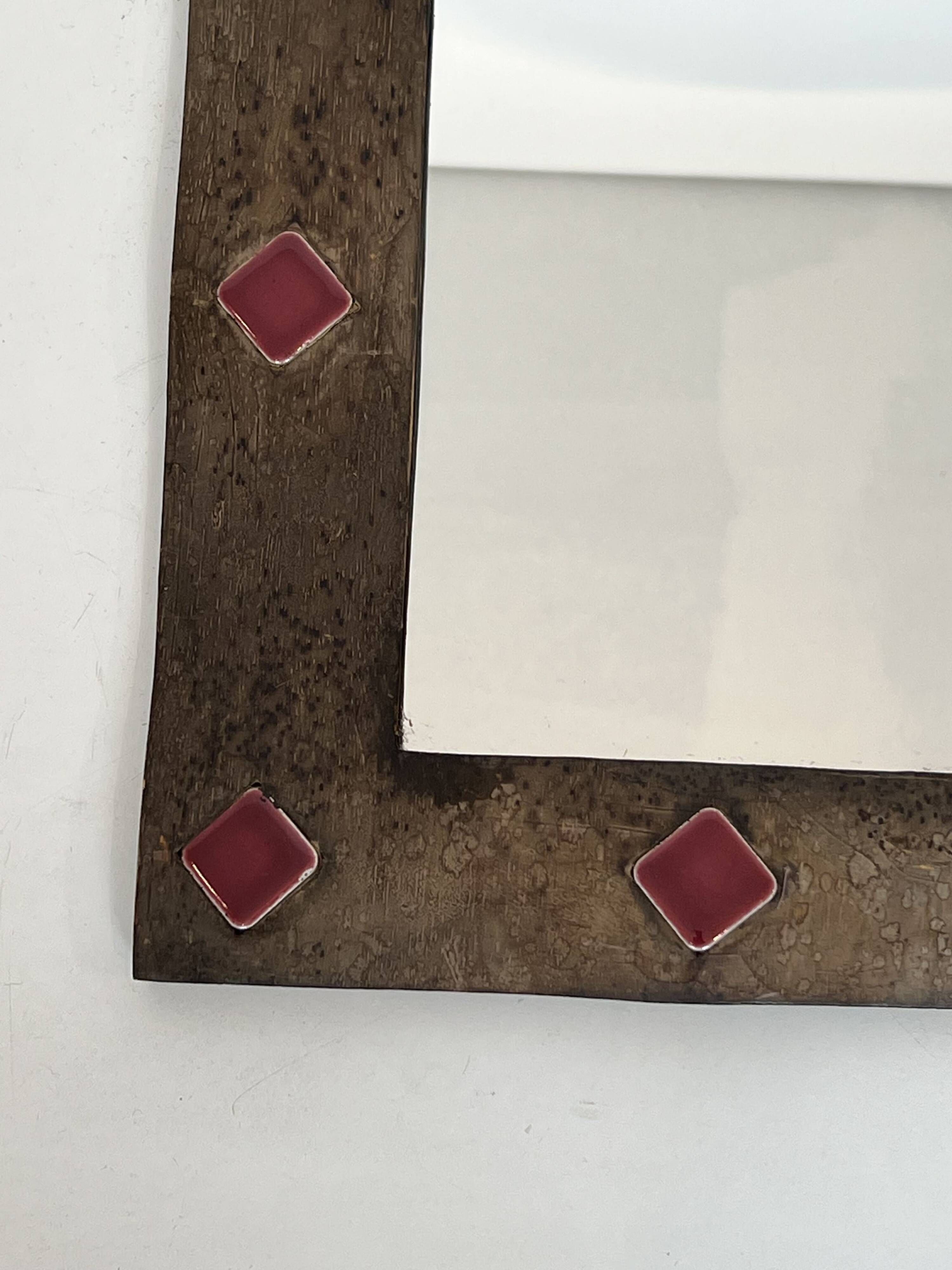 Ceramic Framed Mirror in Bronze with Red Cabochons. French Work.