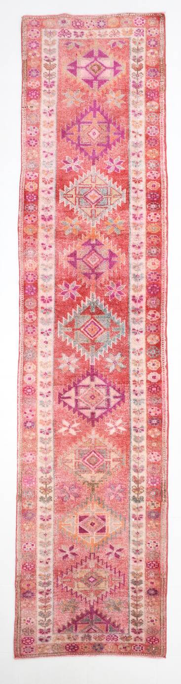 3x12 Vintage Pink & Red Turkish Runner Rug, Super Soft Rug, 86x378Cm