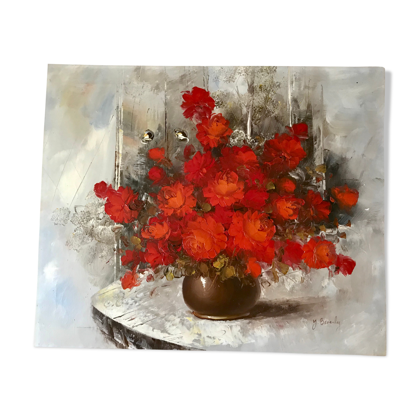 Old oil on canvas painting bouquet of red flowers signed