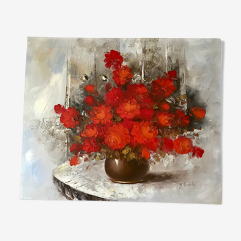 Tableau ancien huile sur toile bouquet de fleurs rouges signé