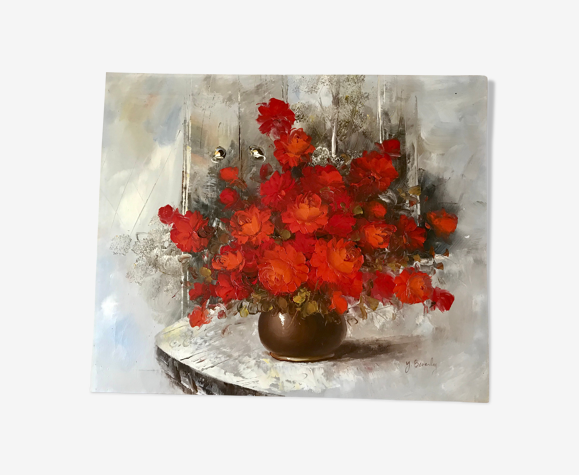 Tableau ancien huile sur toile bouquet de fleurs rouges signé