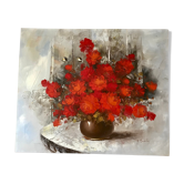 Tableau ancien huile sur toile bouquet de fleurs rouges signé