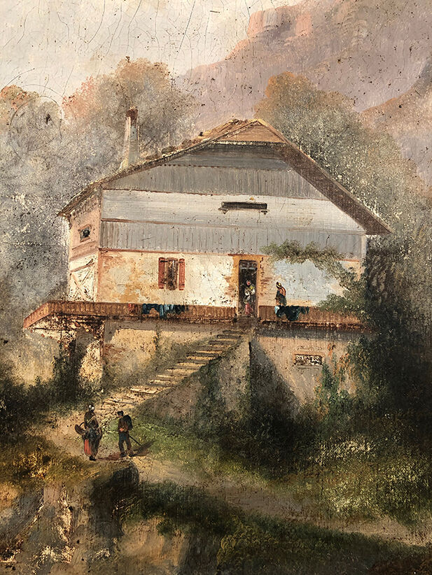 Trumeau decorated with a lively landscape, stuccoed and gilded frame 59x125cm