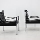 Chaise safari en cuir noir et chrome des années 1970 par johanson design, markaryd