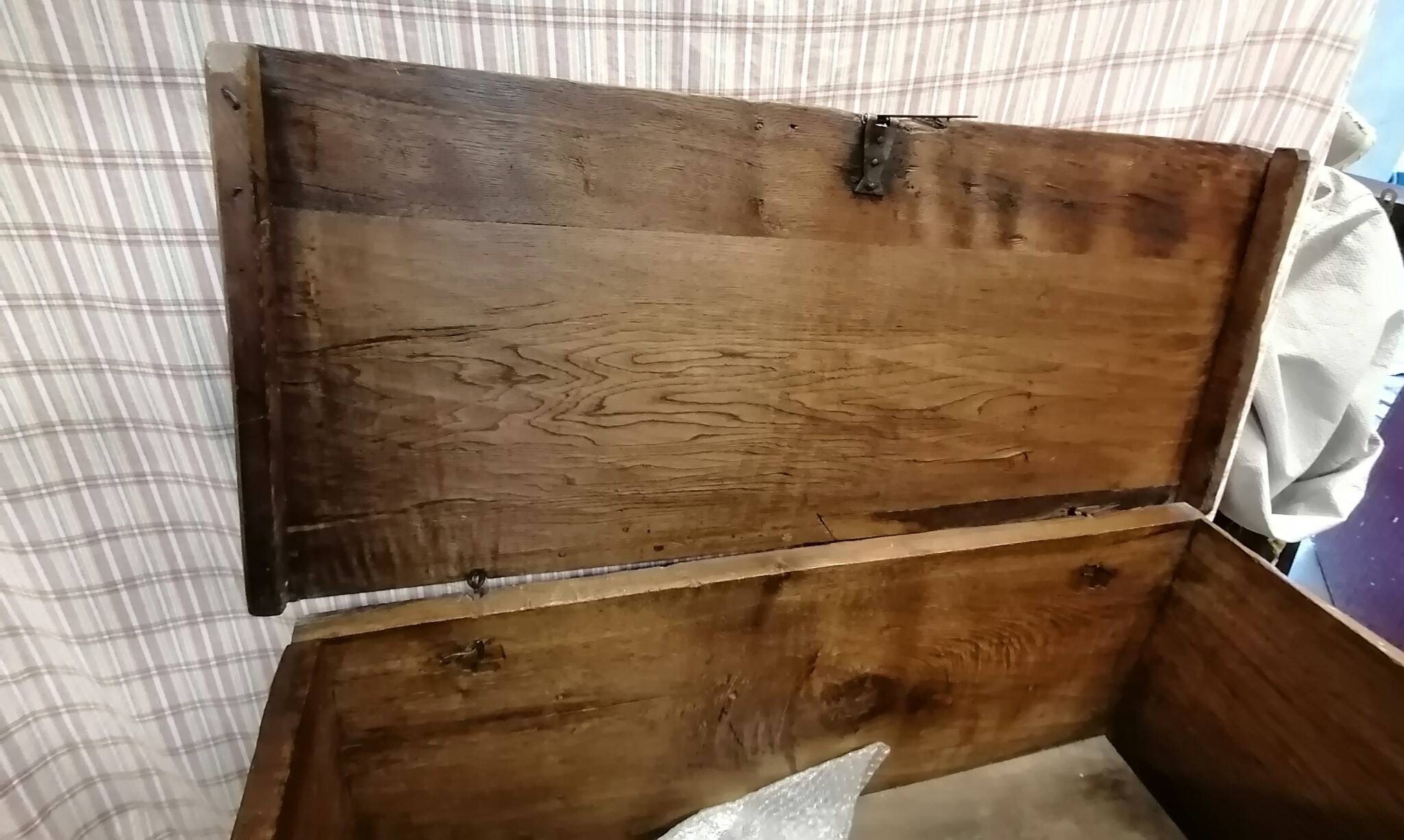 18th century high mountain chest, in solid oak and forged parts.