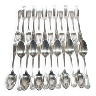 Lot 24 EMPIRE Silver Metal Table Cutlery SFAM model "Sans embarrass" 12 forks and 12 spoons