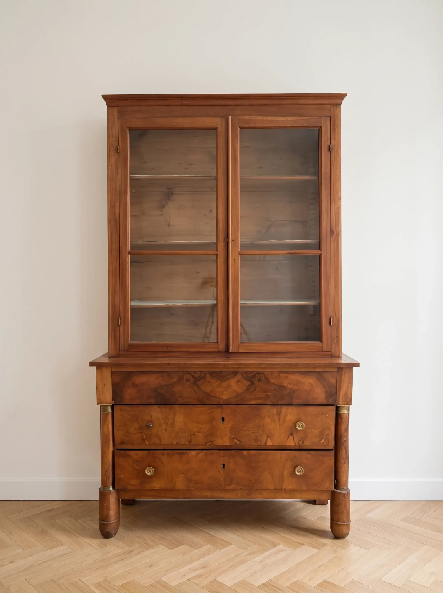 Antique wooden storage cabinet with display case.