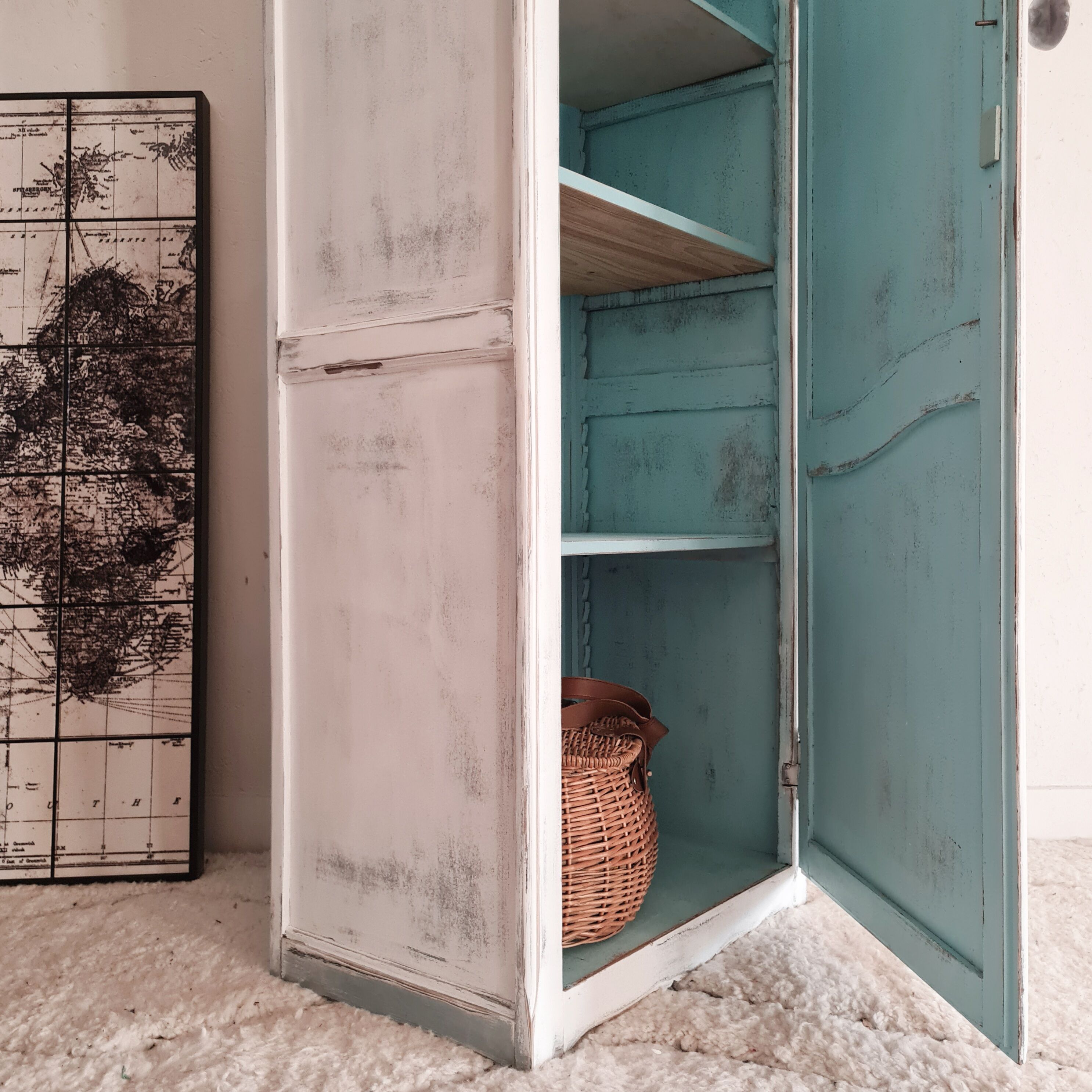 White hosiery cabinet renovated blue interior