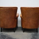 Fauteuil club en cuir vintage hollandais de couleur cognac, ensemble de 2