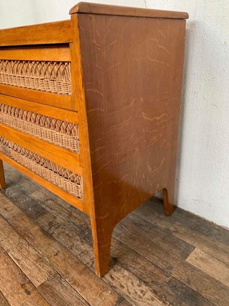 Modernist vintage chest of drawers in light chene has 3 drawers rattan top changing table