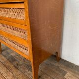 Modernist vintage chest of drawers in light chene has 3 drawers rattan top changing table