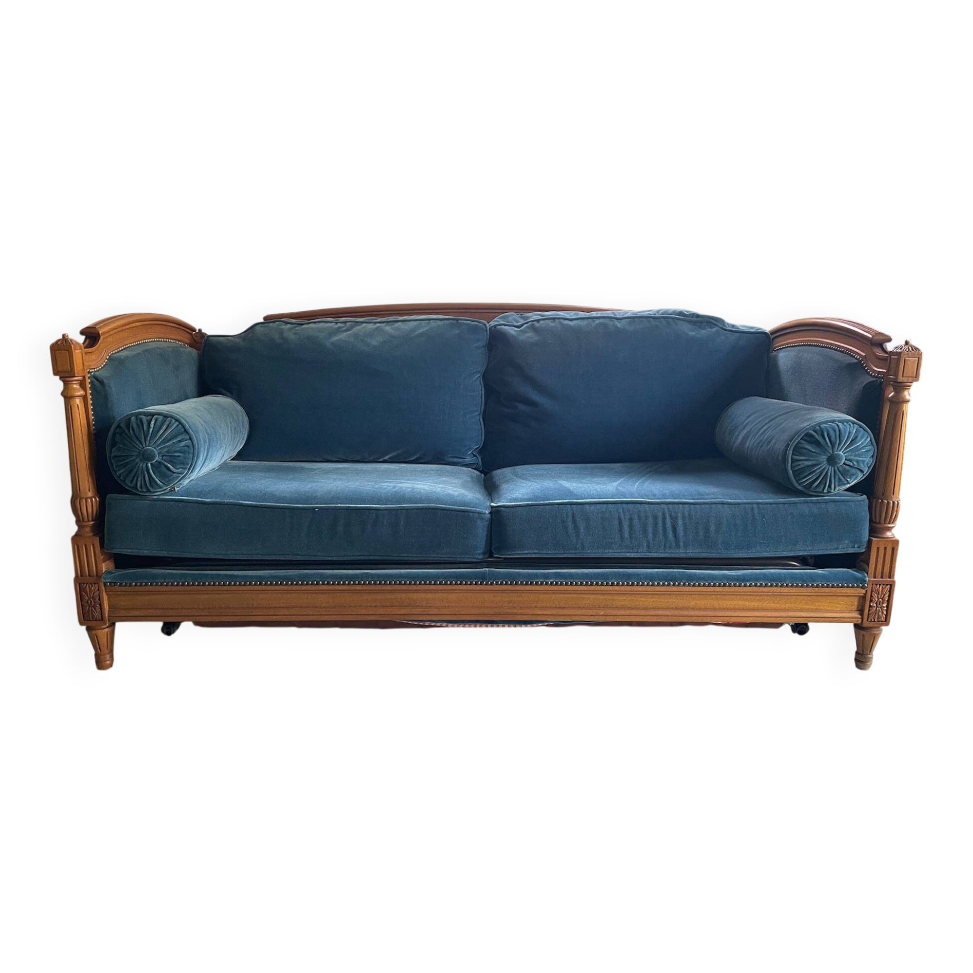 Jean Roche Vintage Wood and Velvet Sofa